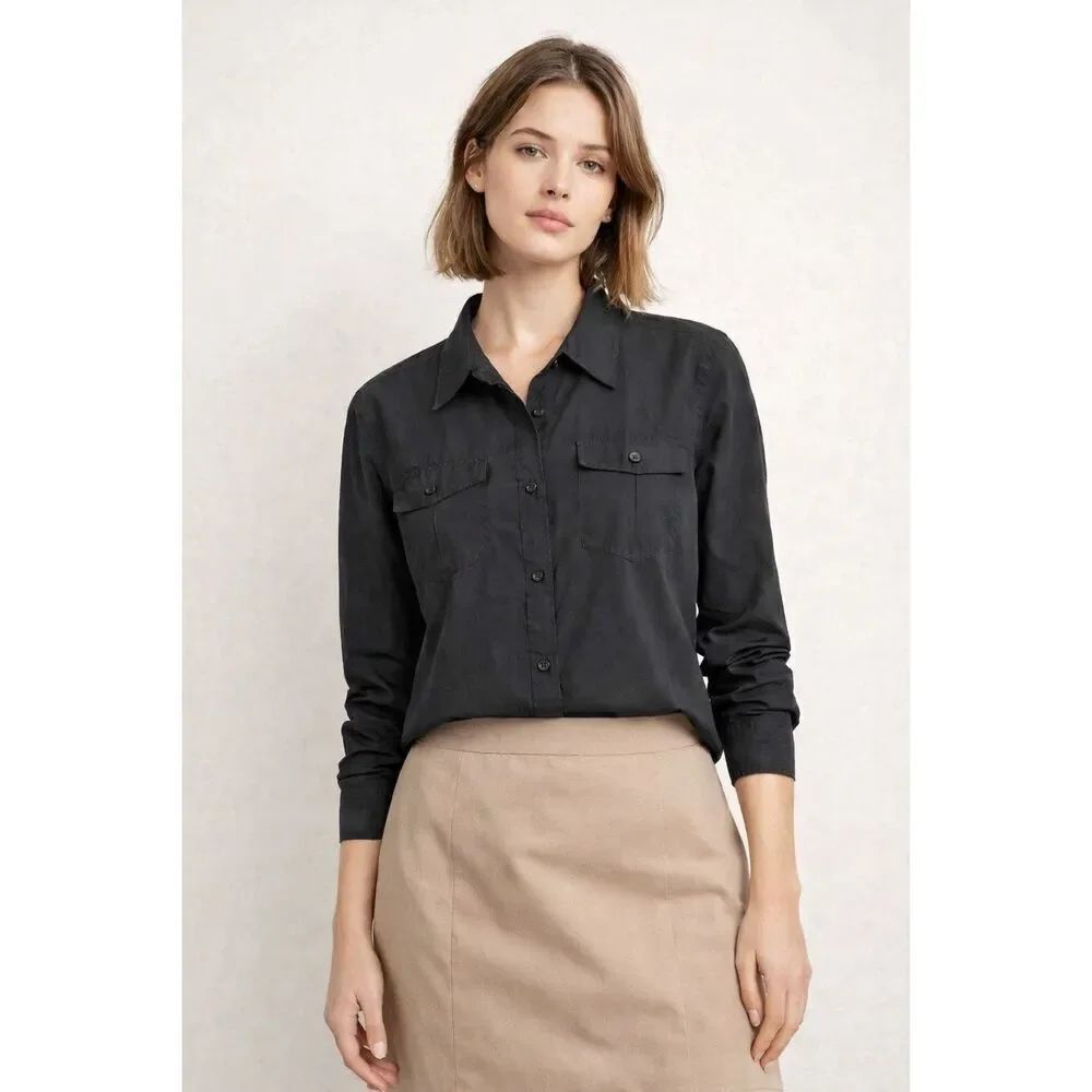 J.Crew Womens Medium Black Button Front Utility Shirt Lightweight